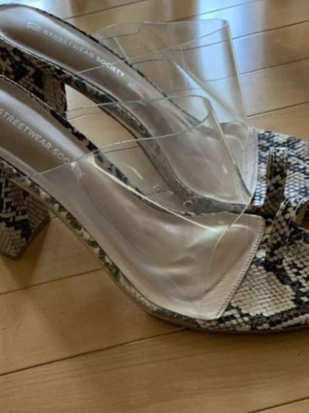 Streetwear Society Clear-Strap Snake Print Block Heels - Black/Neutral